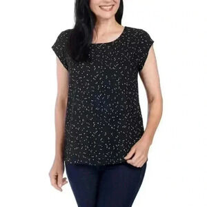 New!  Dalia Black and White Printed Blouse Medium Flowy Hearts Short Sleeve Top